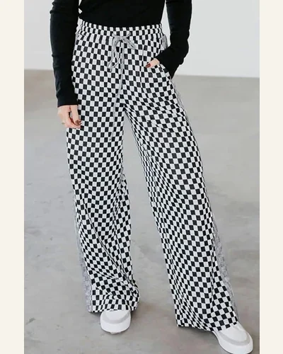 Casual White Checkerboard Pants Drawstring Elastic Waist Pants, view 4