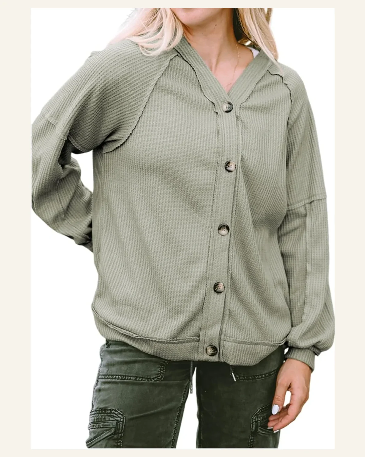 Cardigan Sweater Basic Green Exposed Seam Buttons Front by SELINK