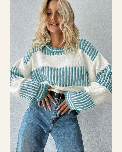 Casual Light Blue Striped Patchwork Drop Shoulder Loose Sweater, view 4
