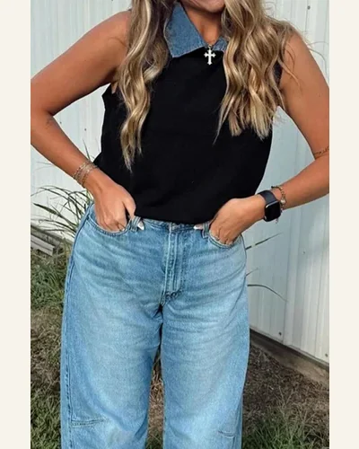 Knit Contrast Denim Patchwork Collar Sweater Vest, view 4