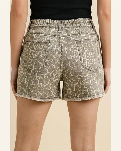 Casual Khaki Raw Edge Leopard Print Denim Shorts, view 2