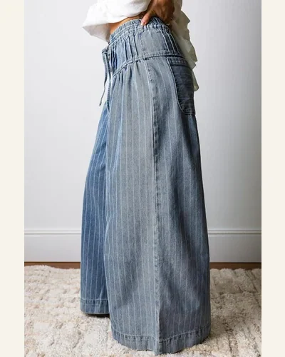 Casual Sky Blue Stripe Button Pleated Jeans Drawstring, view 3