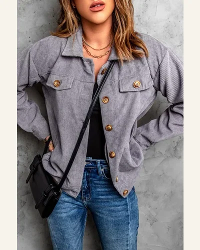 Shacket Jacket Gray Ribbed Corduroy Long Sleeve Jacket, view 4