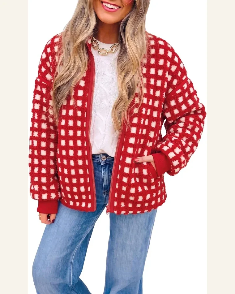 Casual Plaid Zip Up Long Sleeve Warm Coat by SELINK