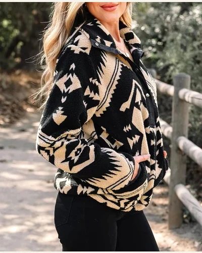 Aztec Sweatshirt Half Placket Fleece Long Sleeve Tops, view 2