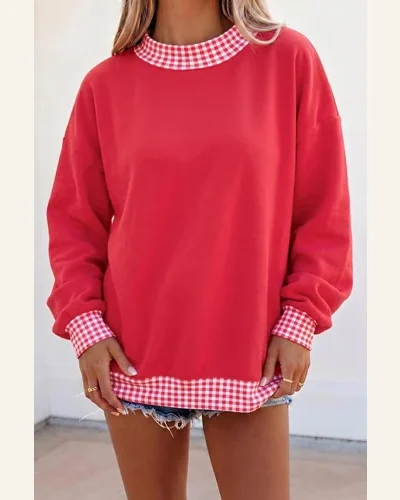 Oversized Colorblock Sweatshirt Cozy Contrast Plaid Trim High, view 3