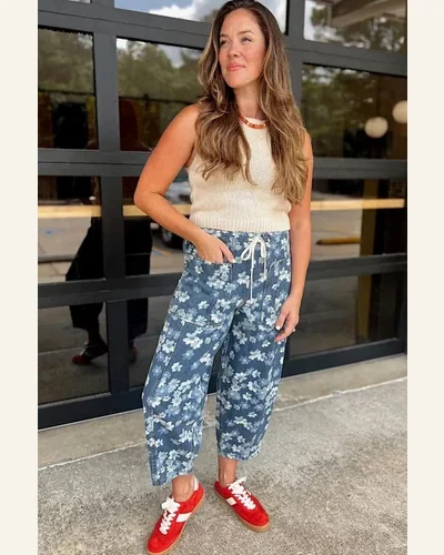 High Waisted Jeans Casual Sky Blue Dainty Floral, view 4
