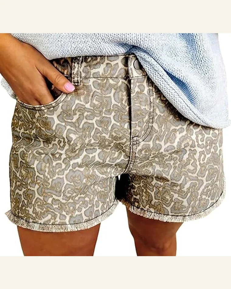 Casual Khaki Raw Edge Leopard Print Denim Shorts by SELINK