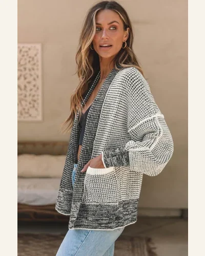 Cardigan Sweater Casual Gray Chunky Waffle Knit Oversized, view 3