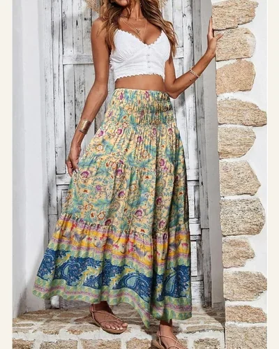 Summer Elastic High Waist Boho Maxi Skirt Pleated, view 3