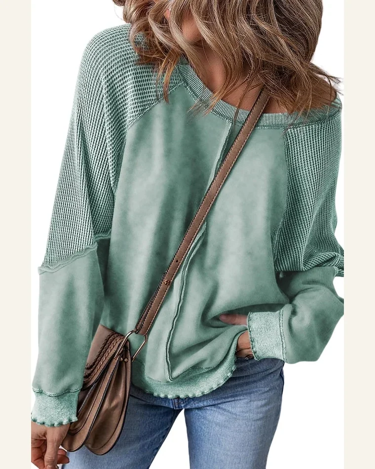Casual Mineral Blue Waffle Knit Sweatshirts Solid Patchwork by SELINK