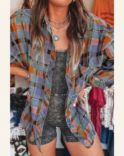 Plaid Button Down Shirts Long Sleeve Loose Vintage, view 3