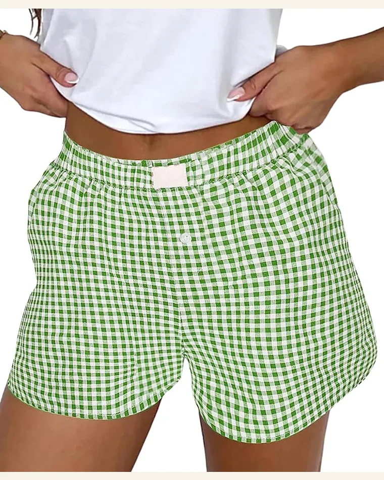 Casual Green Plaid Shorts Gingham High Waist Elastic by SELINK