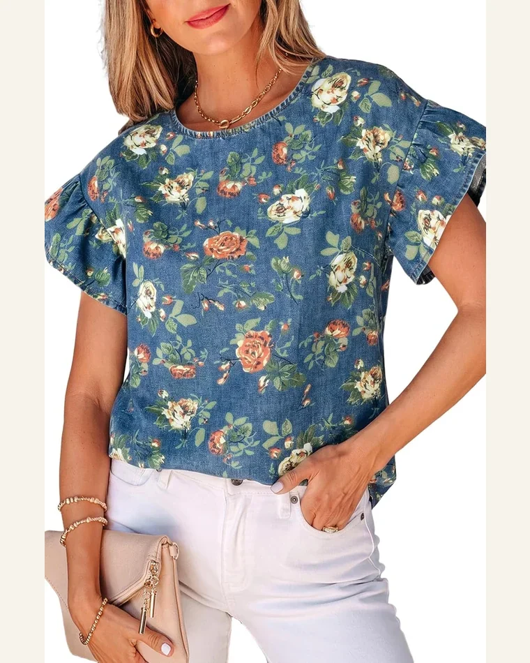 Floral Denim Tunic Top Short Sleeve Blouse Ashleigh by SELINK