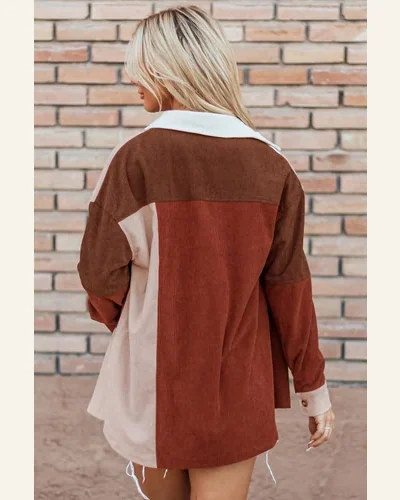Shacket Jacket Casual Cinnamon Colorblock Curved Hem Corduroy, view 2