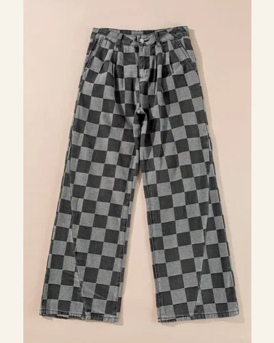 High Waisted Checkered Jeans Casual Dusk Wide Leg, view 3