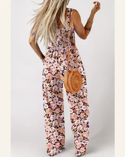 Casual Smocked High Waist Square Neck Jumpsuit Sleeveless, view 2