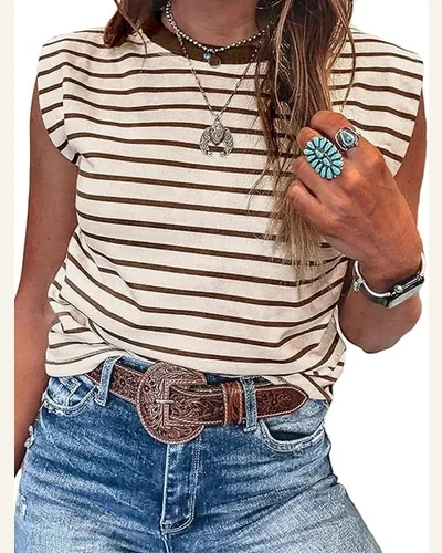 Tank Tops Casual Brown Stripe Ribbed Trim Loose, view 1
