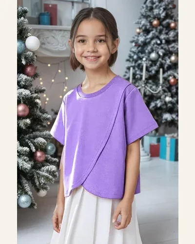 Girls Short Sleeve T Shirts Asymmetrical Hem Crew, view 4