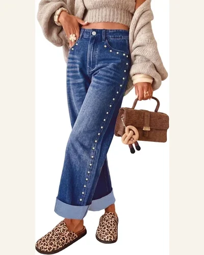 Casual Studded Jeans Straight Wide Leg Pant 4, view 4