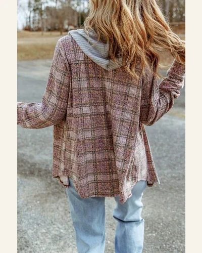 Shacket Jacket Casual Purple Plaid Contrast Hooded Drawstring, view 2