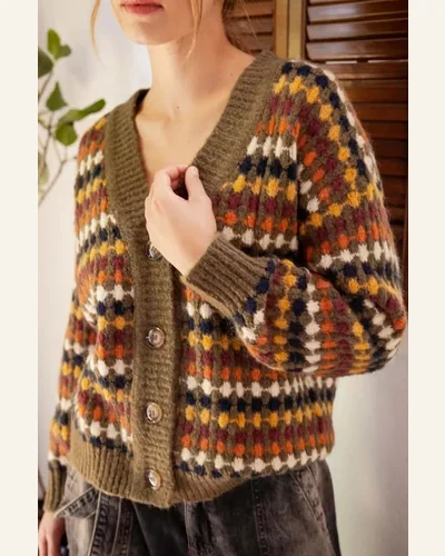 Casual Dotty Pattern Knit Button Front Sweater Cardigan, view 3