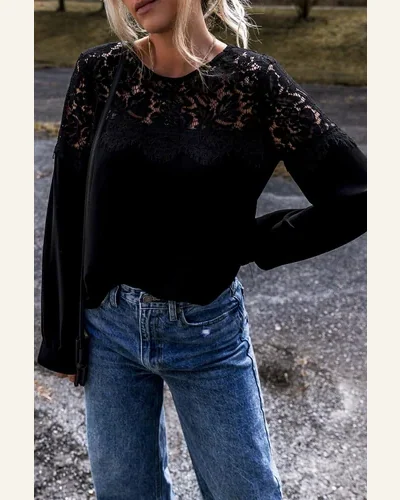 Tunic Tops Elegant Black Lace Crochet Patchwork, view 4