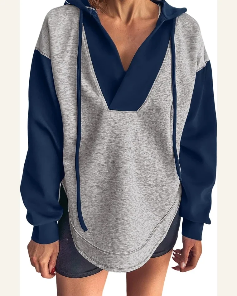 Casual Light Grey Sweatshirts Color Block V Neck by SELINK