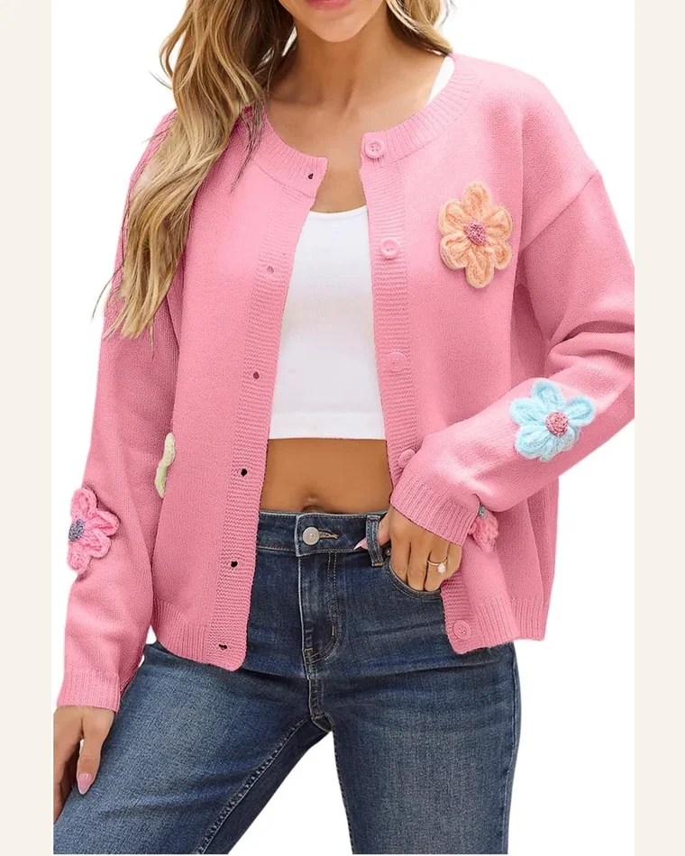 Cardigan Sweater Elegant Pink Knitted Floral Pattern Button by SELINK