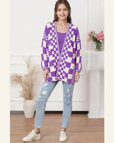 Girls Chunky Plaid Open Front Vintage Cardigan Sweater, view 4