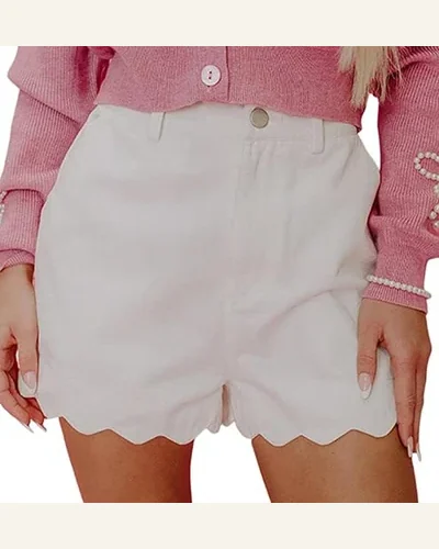 Casual White Scalloped Hemline Acid Wash Denim Shorts, view 1