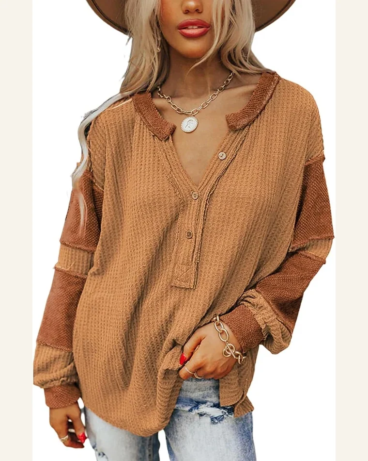 Waffle Knit Shirts Casual Long Sleeve Loose Blouses by SELINK