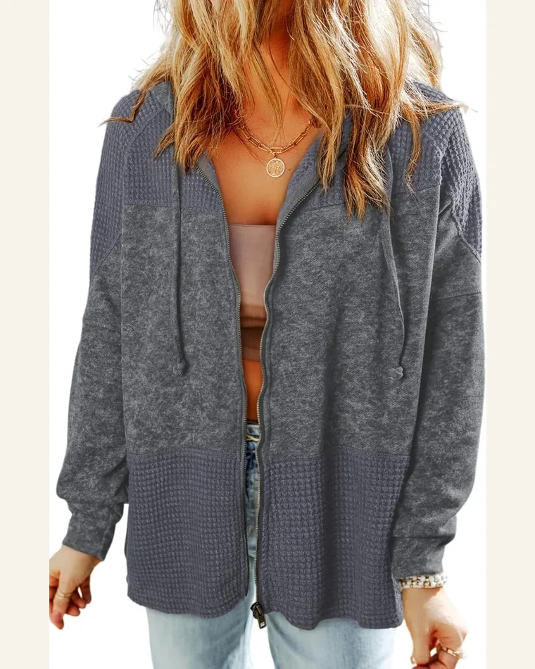 Shacket Jacket Casual Gray Waffle Patchwork Vintage Washed by SELINK