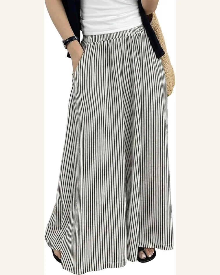 Casual Loose Black Stripe Elastic High Waist Pants by SELINK