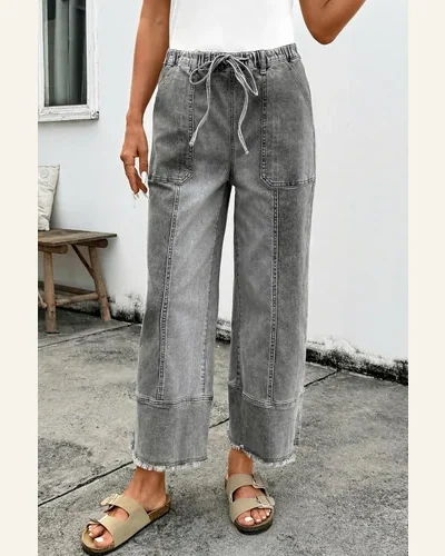 Casual Drawstring Seam Raw Hem Pants with Pockets, view 3