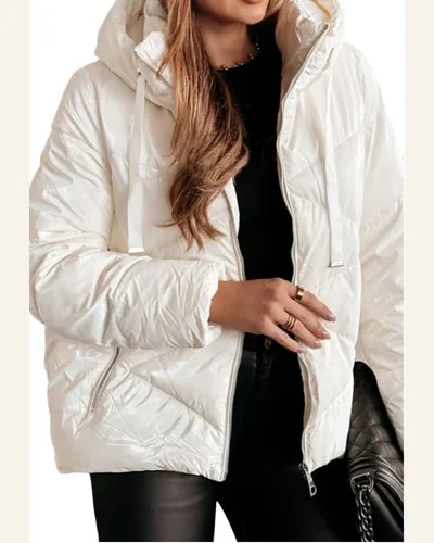 Shacket Jacket Casual White Solid Quilted Hooded Zip, view 1
