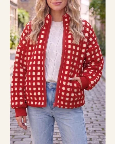 Casual Plaid Zip Up Long Sleeve Warm Coat, view 4