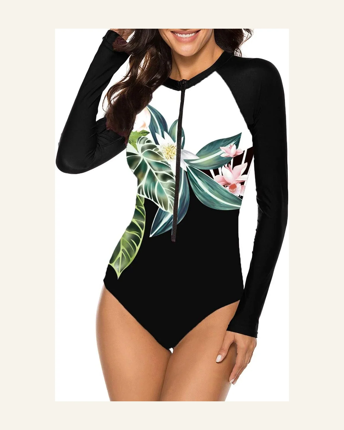 Long Sleeve Rash Guard Zipper Printed One Piece Swimsuit by SELINK