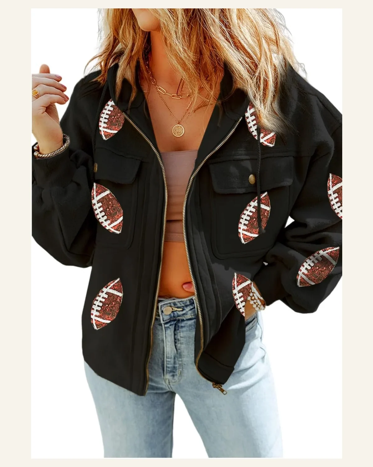 Shacket Jacket Active Black Sequined Rugby Football Pattern by SELINK