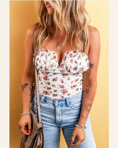 Bodysuit White Floral V Cut Frilled Trim Spaghetti, view 4