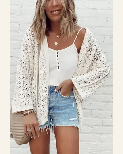 Cardigan Sweater Casual White Hollow Out Knit Drop, view 4