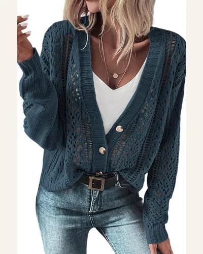 Cardigan Sweater Basic Real Teal Open Knit Drop, view 1