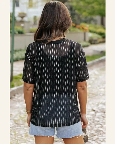 Short Sleeve T Shirt Casual Black Sequin Drop, view 2