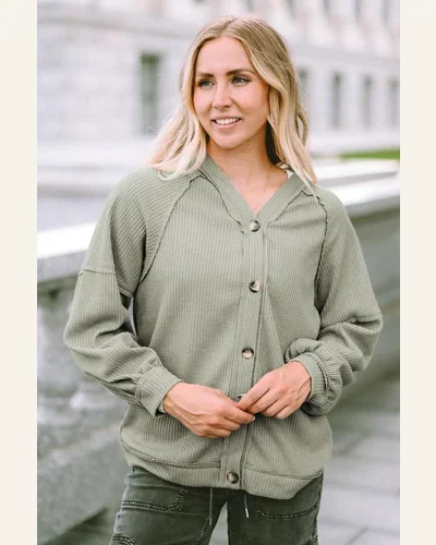 Cardigan Sweater Basic Green Exposed Seam Buttons Front, view 4