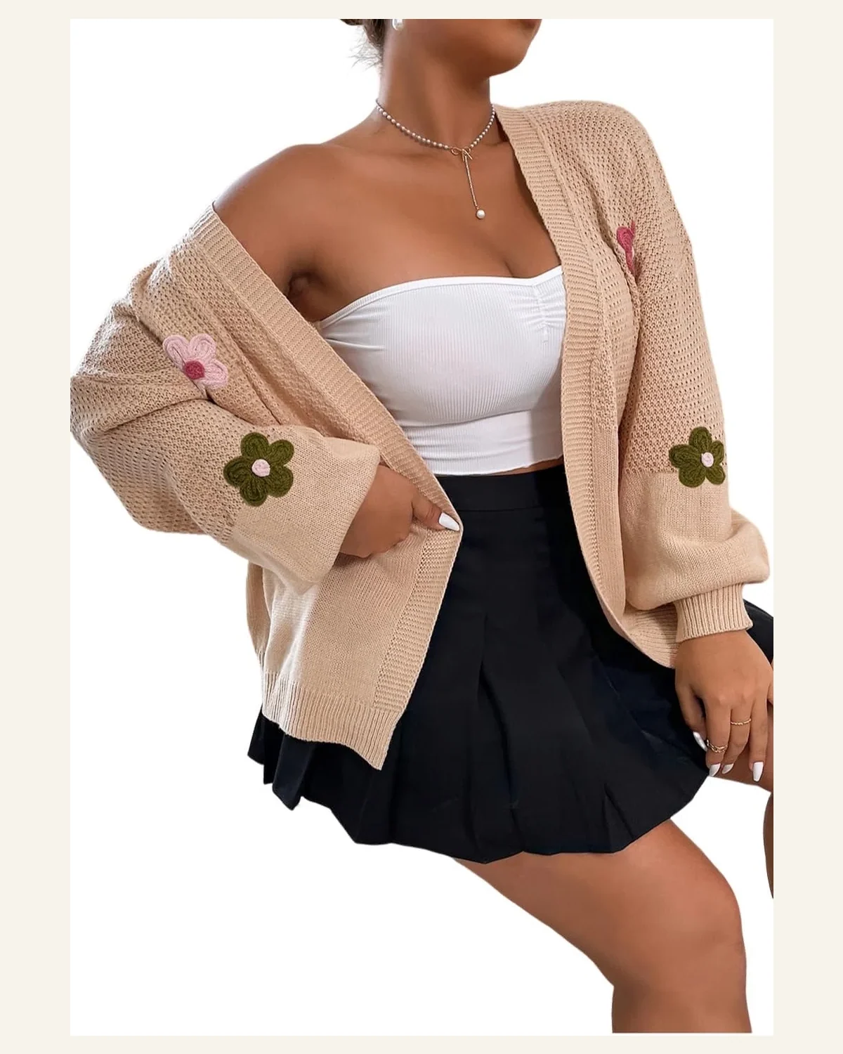 Cardigan Sweater Casual Smoke Gray Floral Applique Drop by SELINK