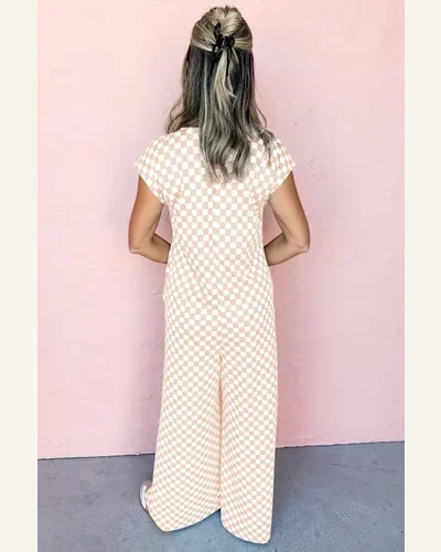 Casual Checkered Buttoned Crew Neck Wide Leg Jumpsuit, view 2