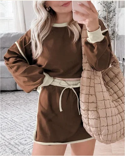 Two Piece Lounge Sets Color Contrast Crewneck Pullover, view 2
