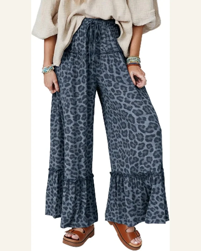 Gray Leopard Print Pants Drawstring Wide Leg Loose by SELINK