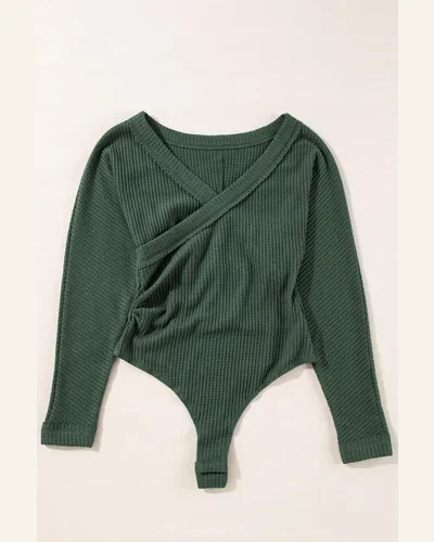 Bodysuit Elegant Blackish Green Waffle Knit Slim Fit, view 3