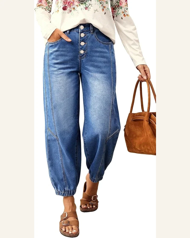 Casual Blue Buttons Loose Fit Jeans with Pockets by SELINK